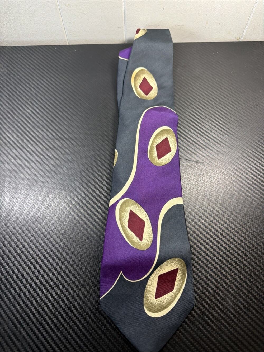 PIERRE BALMAIN Silk Tie FRANCE Black Purple Gold Geometric J2